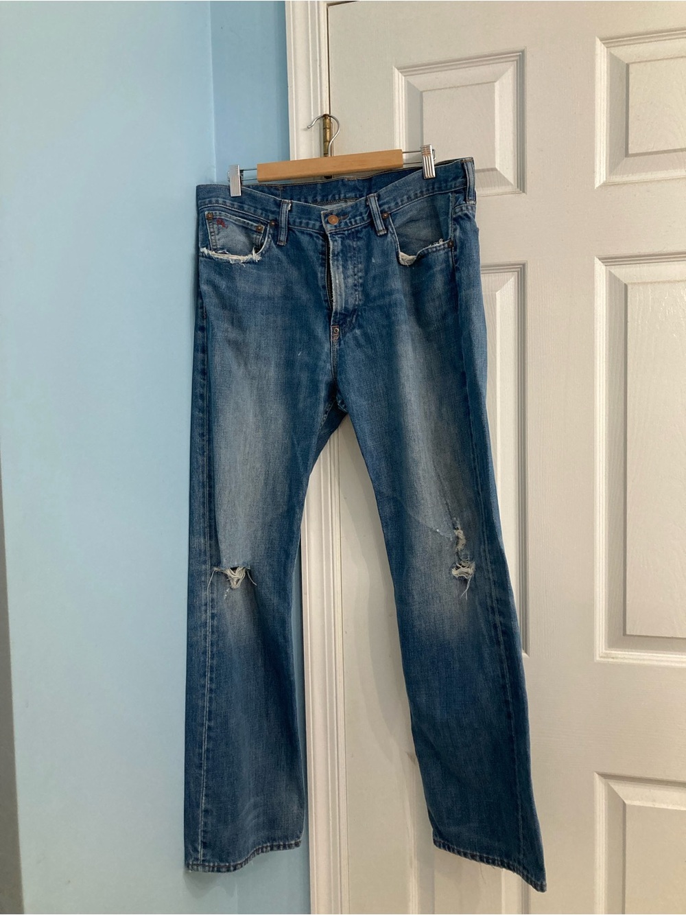 Vintage Ralph Lauren Polo Men's Straight Blue Jeans with Distressed Knees